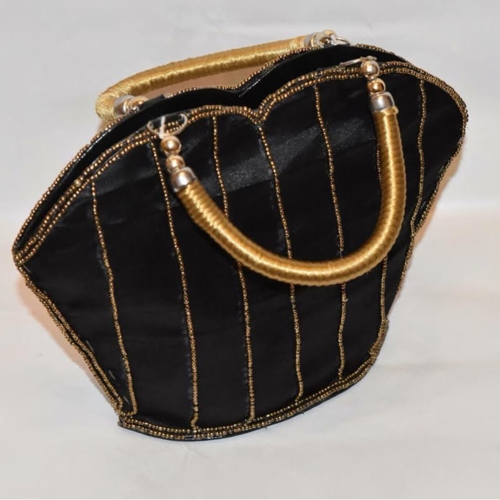 Tiana Designs Black Beauty Weave Beaded Bamboo Handle Evening Bag Mirror - Picture 3 of 4